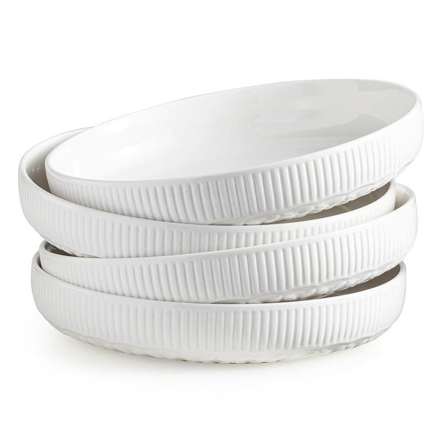 YHOSSEUN 9.75" Pasta Bowls Set of 4, 50 OZ Large Salad Serving Bowls Pasta Plates, White Soup Bowl for Kitchen Meal Prep, Ceramic Shallow Dishes Dinner Bowl, Clover Stripe