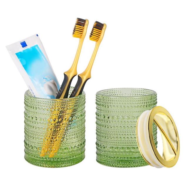 Tonxus Green Toothbrush Holders,2pcs Glass Toothbrush Holder Set,Clear 10oz Bathroom Tumbler,Gold Toothbrush and Toothpaste Cup Holder Storage Organizer for Bathroom Accessories