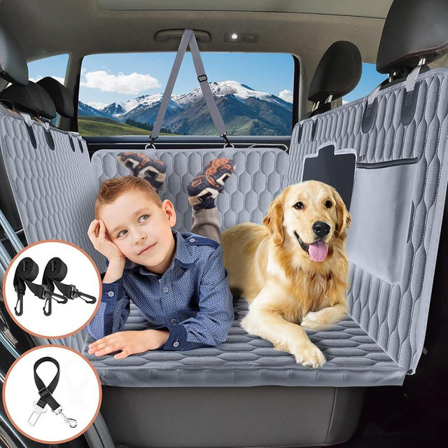 Chumajor Back Seat Extender for Dogs-Supports 400lb,Waterproof Dog Car Seat Cover Hard Bottom-Detachable,600D Heavy Duty Scratch Proof Nonslip Soft,Dog Hammock for Car,SUVs-Grey