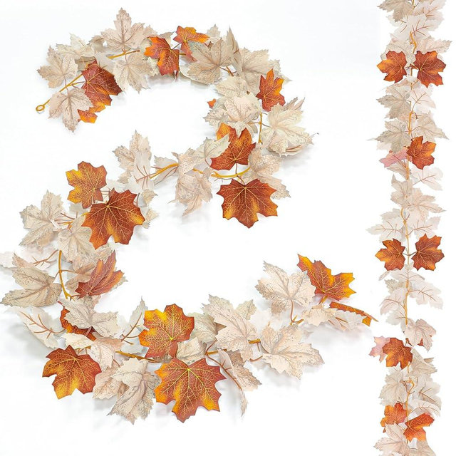 2 Pack Fall Maples Leaves Garland Fall Decorations for Home Total 11.8Ft Artificial Hanging Vine Fall Foliage Garland Fall Thanksgiving Decor Indoor Outdoor Mantle (Mixed Gray-Green White Orange)