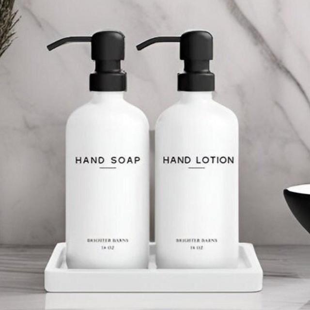 White Glass Soap and Lotion Dispenser Set - Bathroom Soap Dispenser Set with Tray - Soap Dispenser for Bathroom Sink - Bathroom Decor