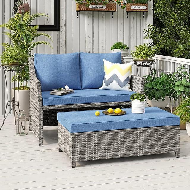 OC Orange-Casual 2-Piece Outdoor Patio Furniture Wicker Love-seat and Coffee Table Set, with Built-in Storage Bin, Grey Rattan, Navy Blue Cushions