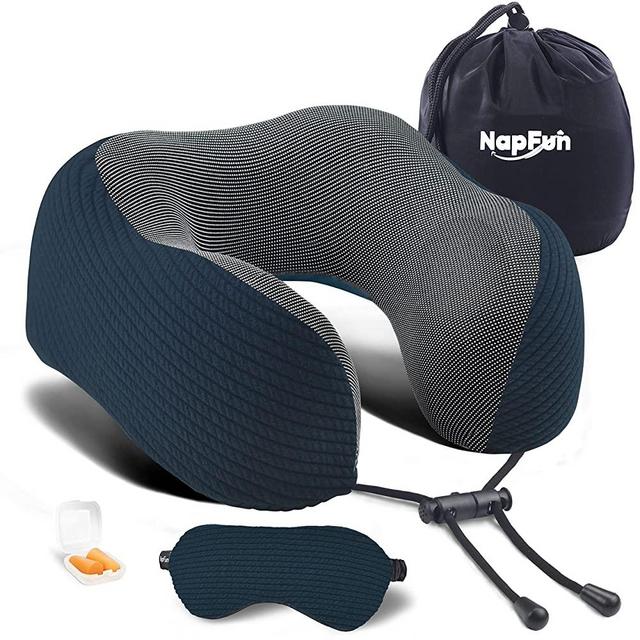 napfun Neck Pillow for Traveling, Upgraded Travel Neck Pillow for Airplane 100% Pure Memory Foam Travel Pillow for Flight Headrest Sleep, Portable Plane Accessories, Deep Blue Set, Medium (120-200LB)