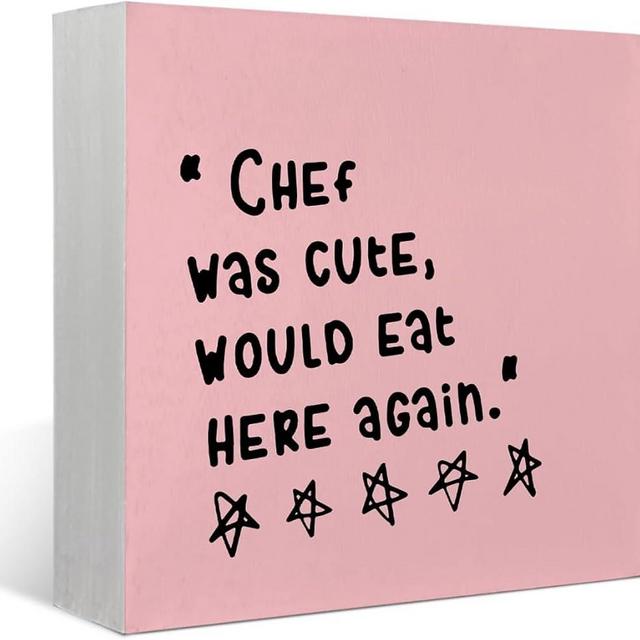 5x5 Inch Pink Kitchen Sign Decor, Chef was Cute Would Eat Here Again Sign, Cute Funny Kitchen Decor, Rustic Wood Box Sign Block Plaque for Home Kitchen Dining Room Shelf Table Coffee Bar Decor