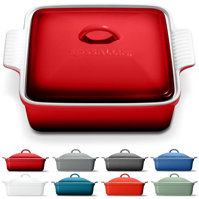 ROSSALLINI Stoneware Casserole Dish Bakeware with Lid | Covered Square Dinnerware | Medium 2 Quart, [Deep Red]