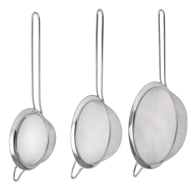 BergHOFF 3Pc Essentials 18/8 Stainless Steel Fine Mesh Strainers, Long, Ergonomically Designed Handle, Dishwasher Safe