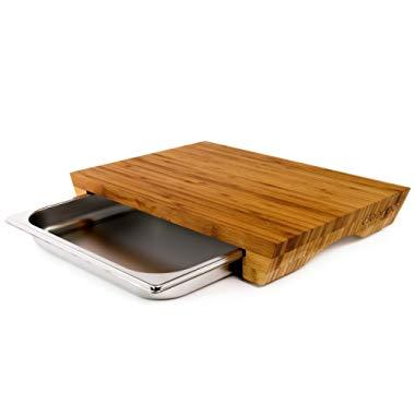cleenbo Cutting Boards Style Bamboo with Tray, Large Wood Oiled Bamboo Chopping Board with Stainless Steel Drawer for Kitchen, Eco-Friendly and with compartments Dimensions: 16.9 x 11.4 x 2.7 in