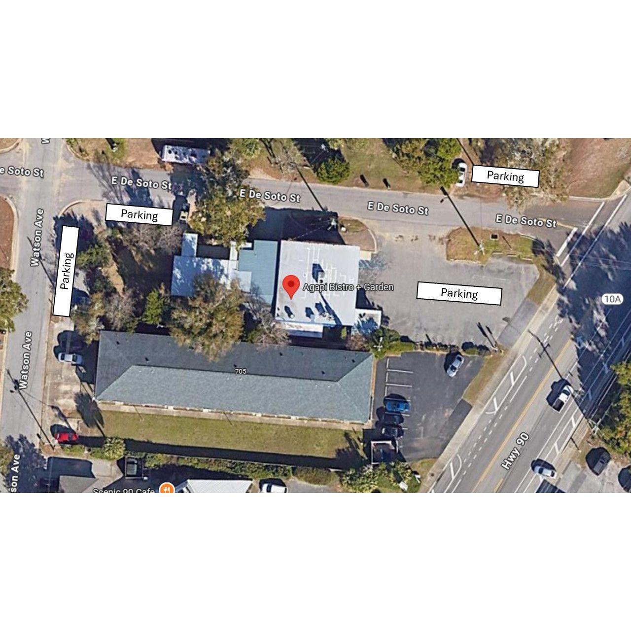 There are multiple areas surrounding Agapi Bistro + Garden to be used as over flow parking if the main parking lot out front is full upon your arrival!
