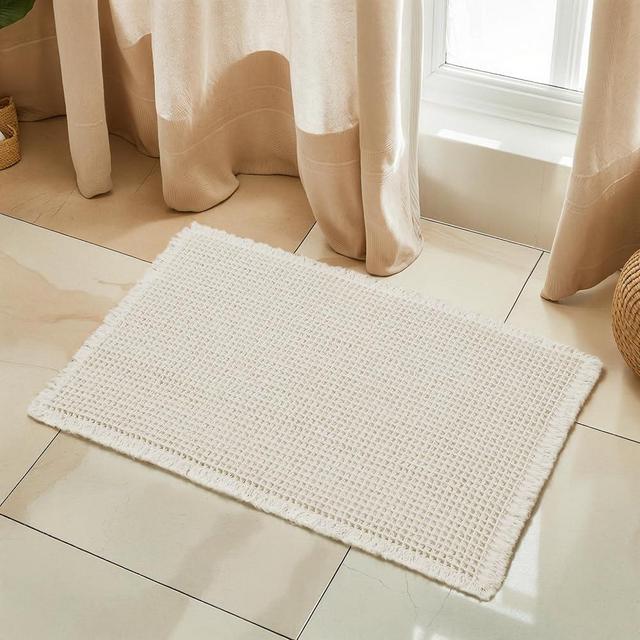 SUBRTEX Waffle Braided Bath Mat, Extra Soft HMA Backed Bath Rugs, Absorbent Upgraded Non Slip Bathrooom Mats with Tassels, Machine Washable Area Rug for Bathroom (White, 16" x 24")