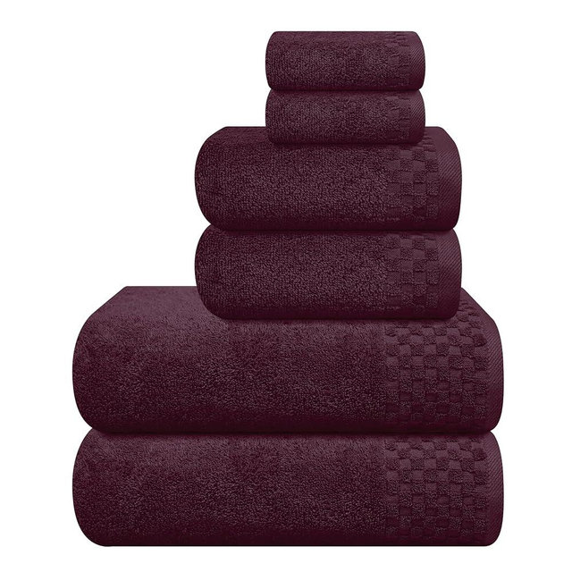 MyOwn Premium Cotton 6 Pack Towel Set for Bathroom, Contains 2 Bath Towels 28x55 inch, 2 Hand Towels 16x24 inch & 2 Wash Coths 12x12 inch, Ideal Everyday use, Compact & Lightweight - Burgundy