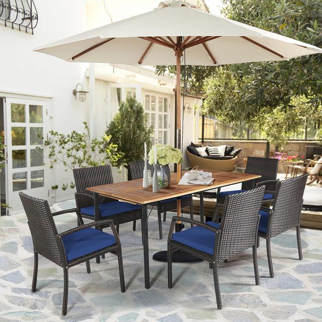 Costway 7PCS Patio Rattan Dining Chair Table Set with Cushion Umbrella Hole Navy
