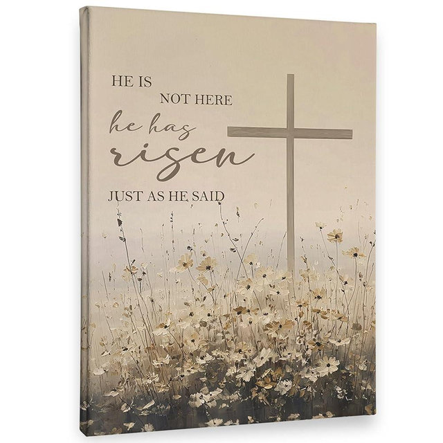 PHAMTE Christian Easter Wall Art Decor Canvas 11x14, Jesus Easter Bible Verse Pictures Decorations, Religious He Has Risen Wildflower Cross Framed Prints Artwork for Church Prayer Room Home Decor