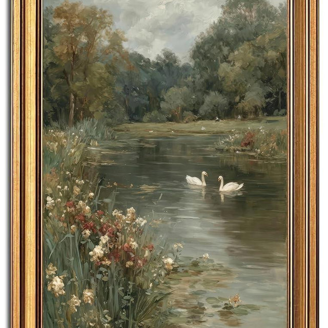 Vintage Gold Framed Swan Pond Wall Art Serene Natural Water Landscape Canvas Picture with Floral Scenery Wall Decor Poster Print Artwork for Calming Living Room Bedroom Home Decoration