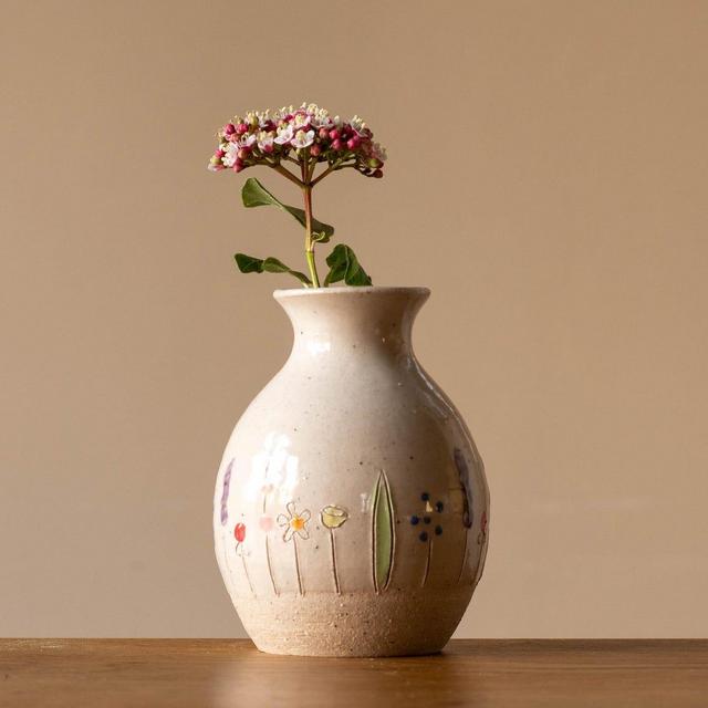 Small White Handmade Pottery Bud Vase with Midsummer Flower Design