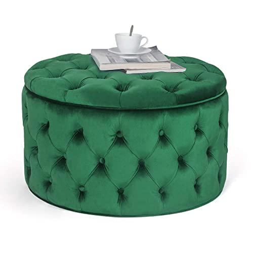 Homebeez Round Velvet Storage Ottoman Button-Tufted Footrest Stool Coffee Table (Emerald Green)