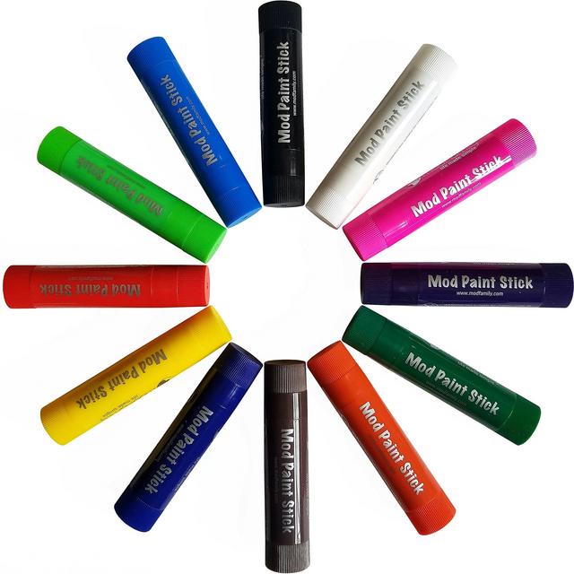 Mod Paint Sticks: Solid Tempura Paint Markers (Black, White, Brown, Light Blue, Dark Blue, Light Green, Dark Green, Dark Purple, Orange, Yellow, Red, Pink, 12 Quantity, 4-inch L X 3/4 in. Dia)
