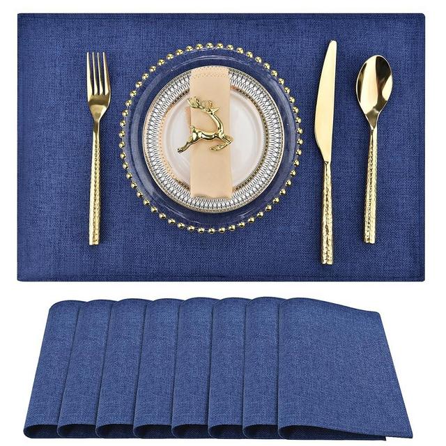 SLKQG Navy Blue Cloth Placemats Set of 8 - Double Thickened Easy to Clean Linen Style Fabric Placemats - Machine Washable Placemats - Heat Resistant Non-Slip Table Mats (Navy Blue, 8)