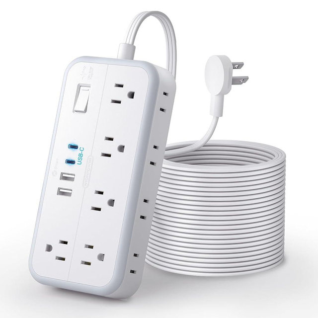 Flat Extension Cord 25 FT, NTONPOWER Long Surge Protector Power Strip, 10 Outlets 4 USB Ports (2 USB C), 3 Side 3 Prong & 2 Prong, 2700J, Overload Protection, Flat Plug Wall Mount, White, SurgePro