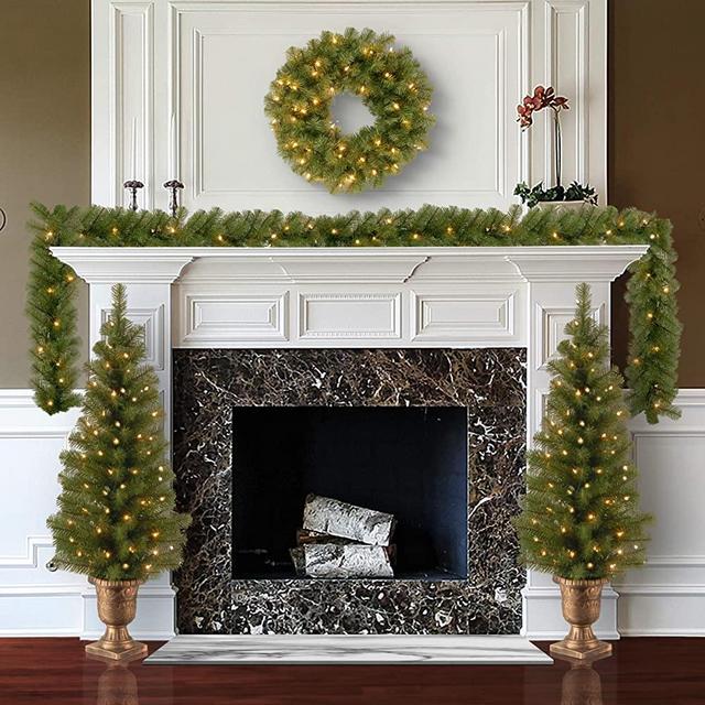 National Tree Company Pre-lit Holiday Christmas 4-Piece Set | Garland, Wreath and Set of 2 Entrance Trees with White LED Lights
