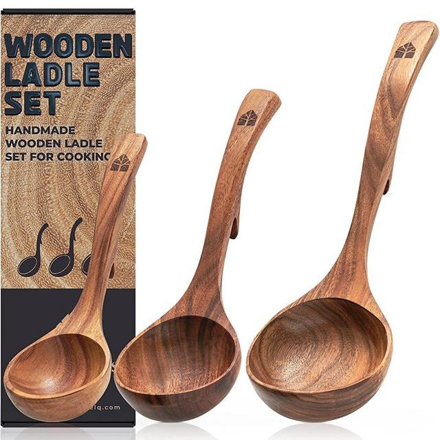 Wooden Ladle Spoon Set, 3 Size Teak Wood Kitchen Serving Spoon with Back Hooks for Pot & Bowl, Non-Stick Wooden Spoon Set for Cooking, Serving and Stirring