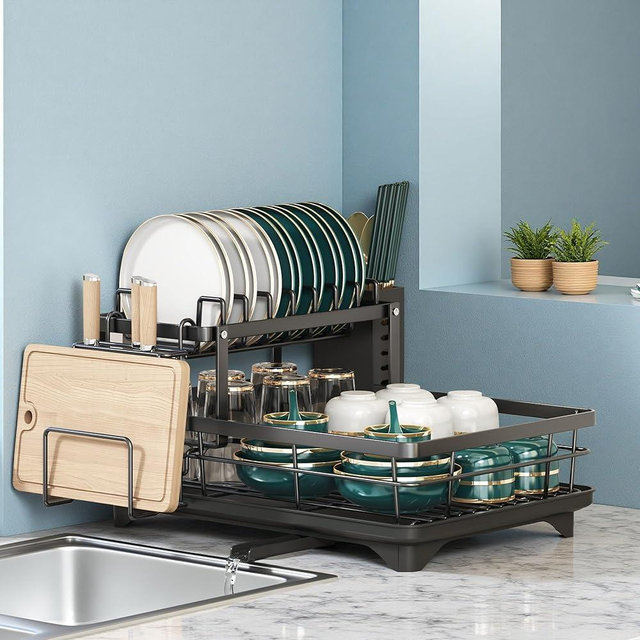 Blueyule Carbon Steel Dish Rack & Utensil Holder - Space Saving 2-Tier Kitchen Counter Organizer, Rust-Resistant Drainage for Small Kitchens