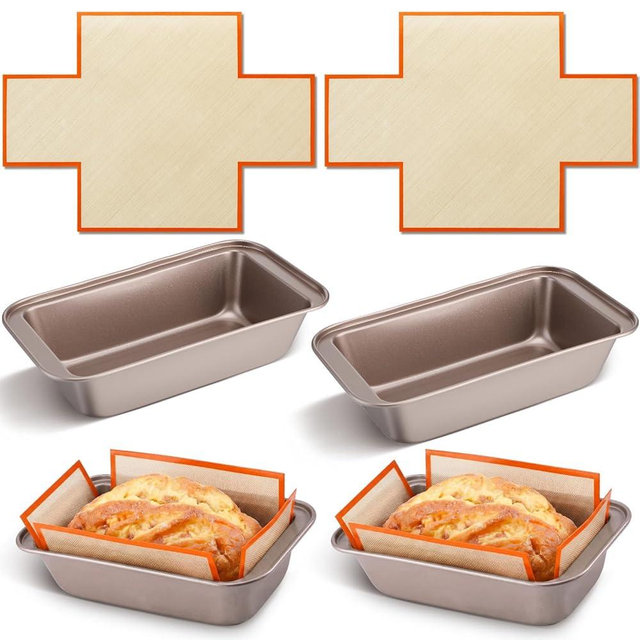 Acellegic 4 Pcs Loaf Pan for Baking Bread with Silicone Loaf Pan Liners 9 x 5 Inch Non-stick Rectangular Gold Carbon Steel Baking Pans for Sourdough Meatloaf Banana Bread Tins Cookware Set