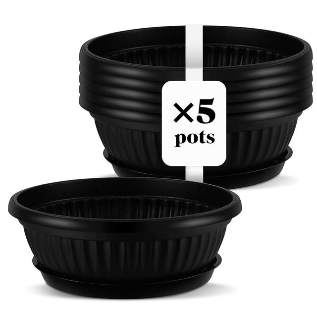 Newtay 5 Sets Plant Pots 13 Inches Jumbo Plastic Flowers Garden Bowl Planter with Plant Saucers Large Black Wide Shallow Plant Pots with Drainage Holes Planter Bowl for Indoor Outdoor Flowers Herbs