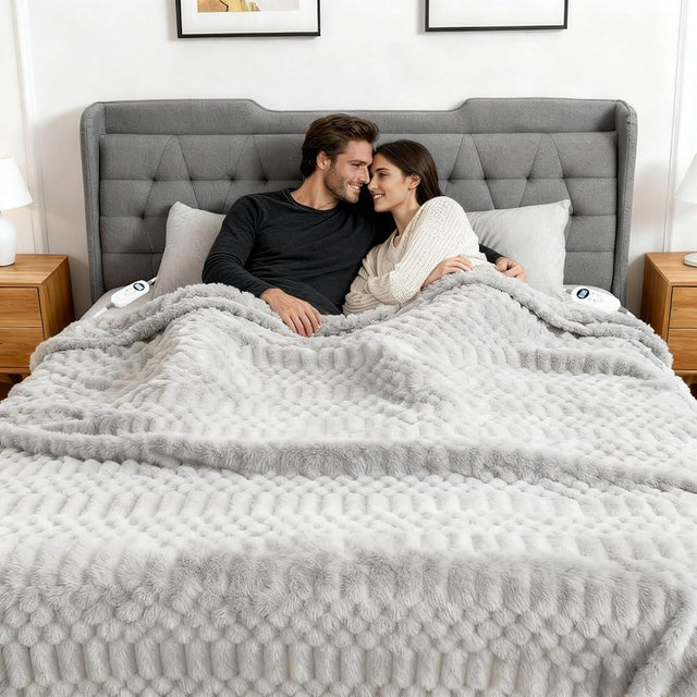 Eastsora Heated Blanket King Size, 90“x100 Electric Blanket Heating with Dual Controllers, Fast Heating with 12 Heat Levels & 12 Hours Auto Off, with ETL & FCC for Bed(Light Gray)