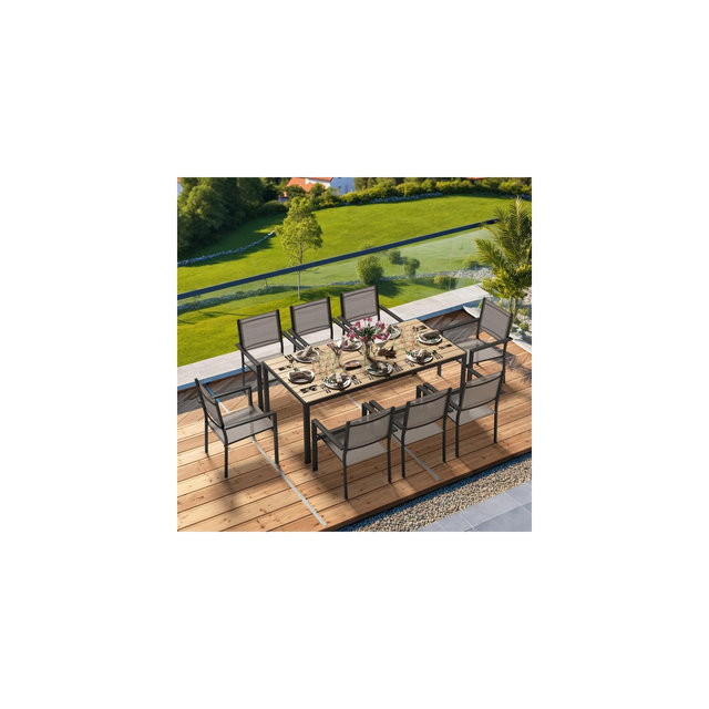 EROMMY 9 Piece Outdoor Patio Dining Set With 1 Rectangular Patio Table & 8 Textilene Stackable Chairs, Patio Dining Furniture For 8