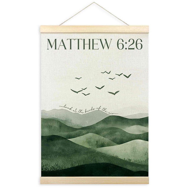 TLESKE Christian Scripture Look at the Birds of the Air Poster Hanger Frame, Bible Verse Boho Mountain Hanging Wall Art Decor for Bedroom Living Room, Matthew 6:26 Prints Picture Artwork, 12x16