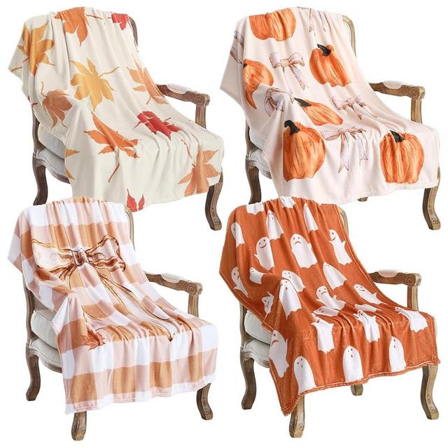 VitalCozy 4 Pcs Fall Throw Blankets Pumpkin Maple Plaid Little Ghost Pattern Soft Warm Autumn Flannel Blanket Thanksgiving Halloween Cozy Gifts Home Decor for Couch Chair Sofa Bed 40x50 Inch (Autumn)