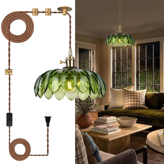 CLARSYNE Vintage Green Flower Glass Pendant Light, Hanging Ceiling Lamp Fixture for Kitchen Island, Bedroom, Dining Room, Living Room, Plug in Lighting