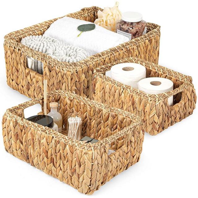 Crutello Woven Storage Basket Handwoven Small Baskets Boho Living Room Decor For Home Organization, Set of 3, Natural Water Hyacinth Seagrass, Brown