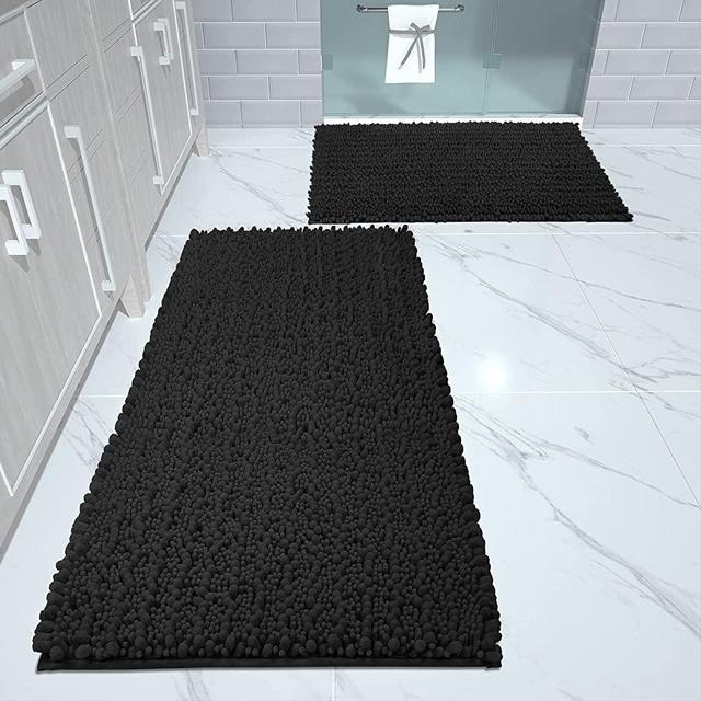 Yimobra Luxury Chenille Bathroom Floor Rug Mat Set, Extra Soft Shaggy Bath Rugs 2 Piece, Non Slip Machine Washable Quick Dry Large Plush Mats for Tub Shower, 17 x 24 + 31.5 x 19.8 Inches, Black