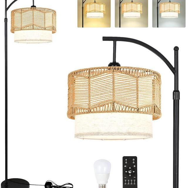 QIYIZM Floor Lamp for Living Room Bedroom with Remote Boho Rattan Standing Lamp Dimmable Black Farmhouse Wicker Bamboo Lamp Shade Arc Floor Light Adjustable Tall Lamp Industrial Floor Lamps Bohemian