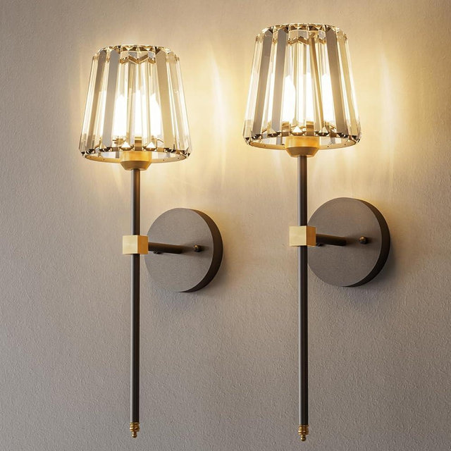 Crystal Battery Operated Wall Sconces Set of 2, Black and Gold Rechargeable Wireless Wall Lights with Crystal Lampshade, 12 RGB and 3CCT Dimmable Wall Lamps with Remote for Bedroom Living Room Hallway