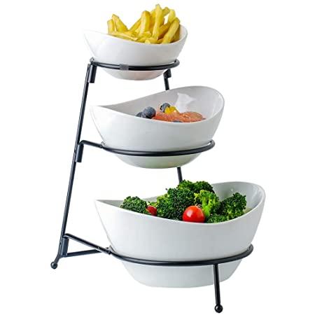 Partito Bella 3 Tier White Oval Bowl Set with Collapsible Thicker Metal Rack - Perfect Display for Chips, Dips, Candy, Fruit and More Collapsible Stand with Nesting Bowls for Easy Storage