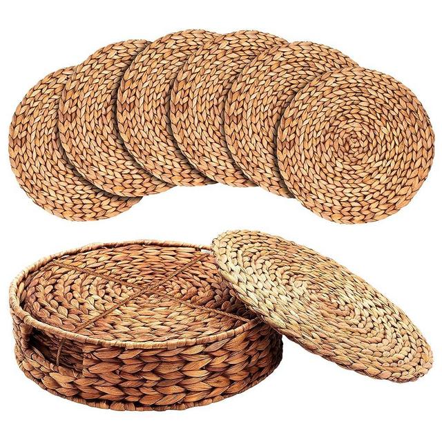 Woven Placemats Set of 6 - Natural Water Hyacinth Placemats with Wicker Placemats Holder - Heat Resistant Round Placemats for Dining Table & Non-Slip Rattan Placemats for Indoor & Outdoor, 12.5"