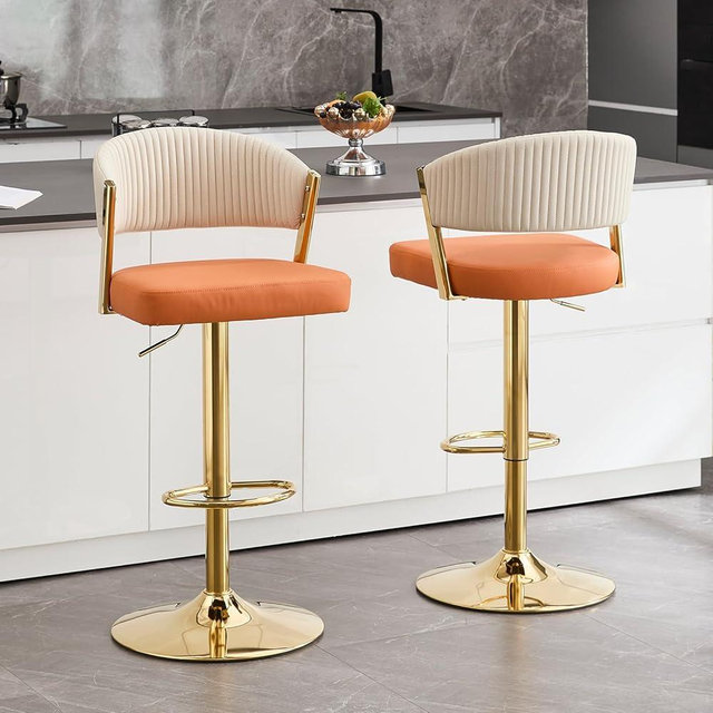 VipDesk Bar Stools Set of 2, Adjustable Swivel Counter Height Bar Stools with Back and Footrest, PU Leather Bar Chairs for Kitchen Dining Room, Orange