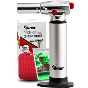 Jo Chef Professional Culinary Torch – Aluminum Refillable Crème Brulee Blow Torch – With Adjustable Flame – Perfect for Cooking, Baking, Crafts, BBQs – FREE Heat Resistant Place Mat + Recipe eBook