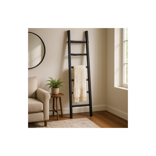 Decorative Vertical Ladder with Towel Rack Design for Blankets - Slim Storage Stand with Hooks for Bedroom or Living Room - 76", Black