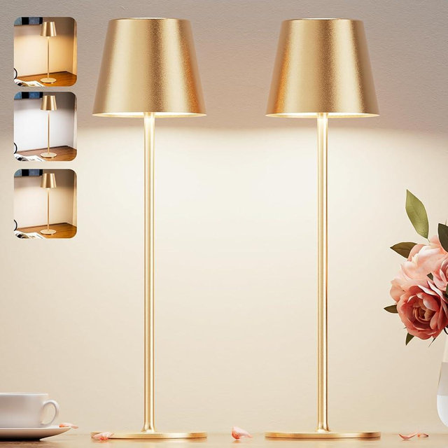 Cordless Table Lamp Rechargeable Gold - KK 2 Pack 5000mAH Battery Operated Lamp for Dining Table, 3 Color Stepless Dimming Waterproof LED Wireless Lamp for Counter, Outdoor Patio, Touch Control