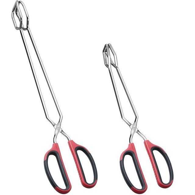 HINMAY 12" 16" Extra Long Stainless Steel Kitchen Tongs Set, Non-Slip Comfortable Red Grip, Scissor Design, Heat Resistant for Cooking Grilling and Serving