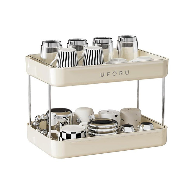 UFORU Countertop Coffee Station Organizer, 2 Tier Wine Glass Holder, Mug Shelf with Removable Drain Tray, Spice Rack for Kitchen, Bathroom Countertop Organizer, Cream White