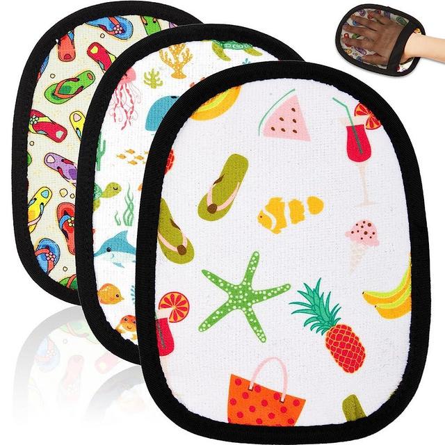 3 Pieces Sand Off Beach Sand Cleaner Wipe Off Mitt with Portable Drawstring Bag Soft Beach Sand Remover Beach Travel Mitt for Ocean Beach Volleyball Sandboxes Beach Activities Sand Occasion, 3 Styles