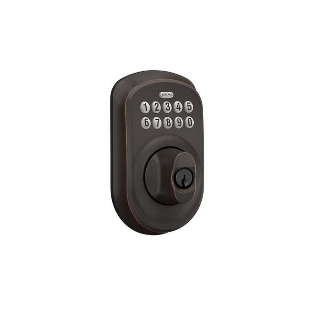 Schlage BE365 PLY 716 Plymouth Keypad Deadbolt, Electronic Keyless Entry Lock, Aged Bronze