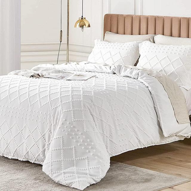 Umchord Embroidery Duvet Cover Queen Size, 3 Pieces Soft Brushed Microfiber Shabby Chic Boho Comforter Cover Set, Durable Lightweight Summer Bedding Set (Queen, White)
