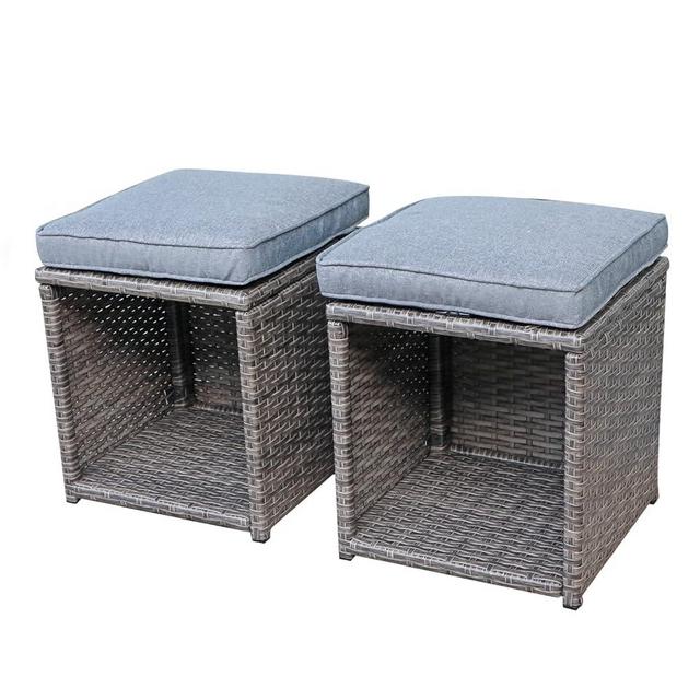 Verano Garden Patio Storage Ottomans, All Weather Wicker Ottoman Set with Removable Cushions, Outdoor Footstool footrest seat for Backyard, Garden, Poolside, Set of 2 (Grey)