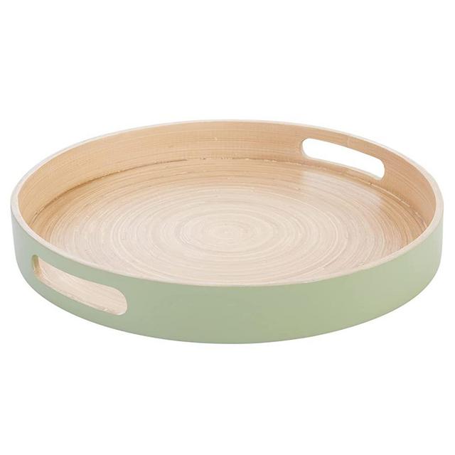Spun Bamboo Decorative Tray for Coffee Table, Wooden Tray, Round Tray, Coffee Table Tray Decor, 13.75 Inches Large Round Serving Tray (Sage)