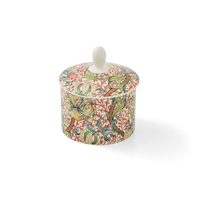 Spode Morris & Co Sugar Bowl with Lid, 10oz Porcelain Sugar Dish Featuring Golden Lily Floral Design - Microwave & Dishwasher Safe for Afternoon Tea, Kitchen Storage, Gift Giving, Coffee Bar